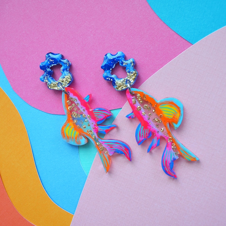 Colorful Neon Glitter Fish Earrings, Koi Earrings, Sea Creature Earrings, Marine Earrings, Sea Life Earrings image 2