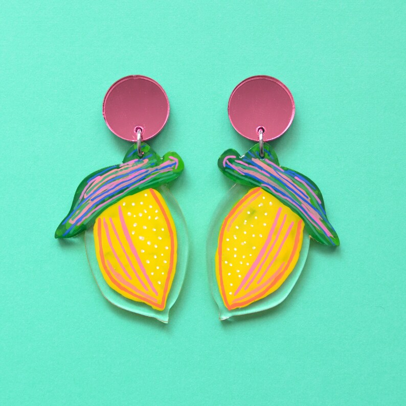 Yellow Lemon Earrings, Abstract Fruit Earrings, Lemon Resin Earrings, Laser Cut Acrylic Earrings image 6