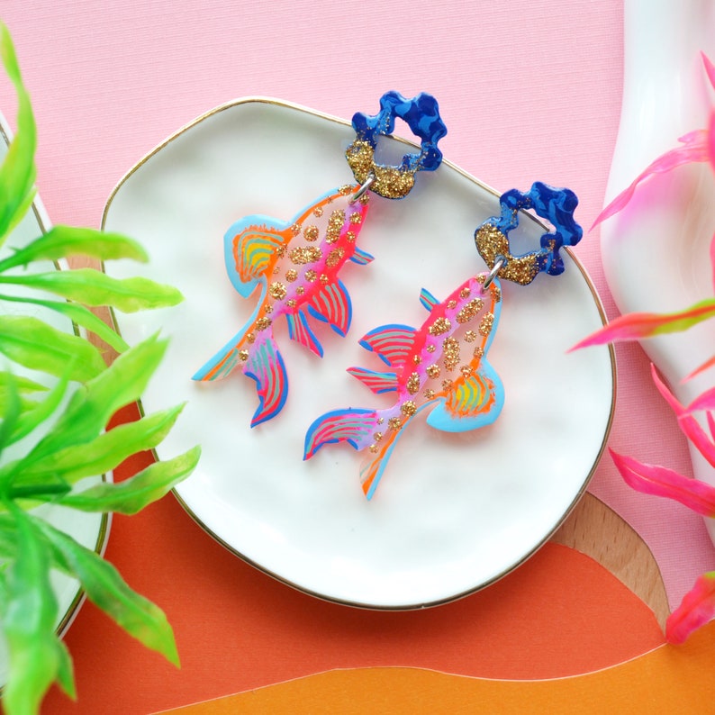 Colorful Neon Glitter Fish Earrings, Koi Earrings, Sea Creature Earrings, Marine Earrings, Sea Life Earrings image 7