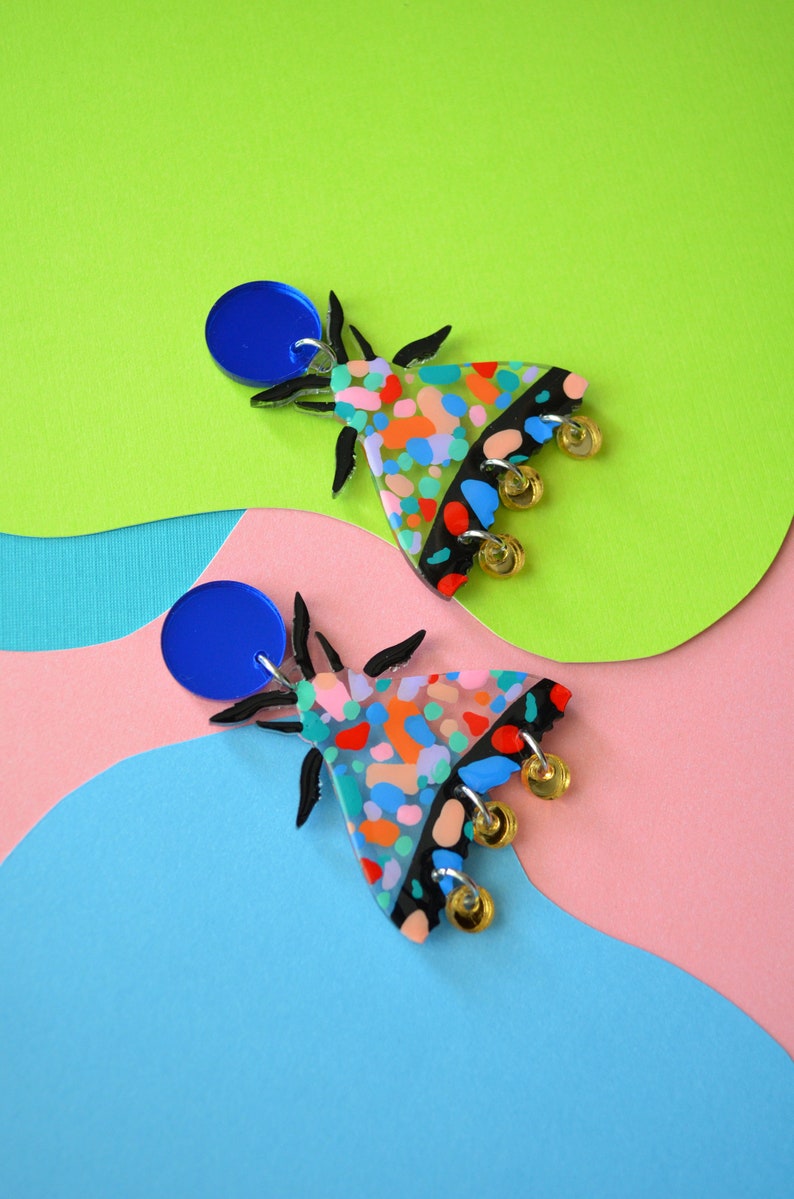 Terrazzo Geometric Moth Earrings, Resin Butterfly Earrings, Colorful Insect Earring, Laser Cut Acrylic Earring, Bug Earrings image 2