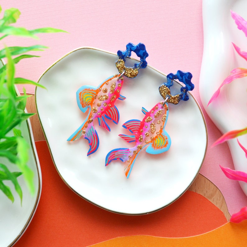 Colorful Neon Glitter Fish Earrings, Koi Earrings, Sea Creature Earrings, Marine Earrings, Sea Life Earrings image 1