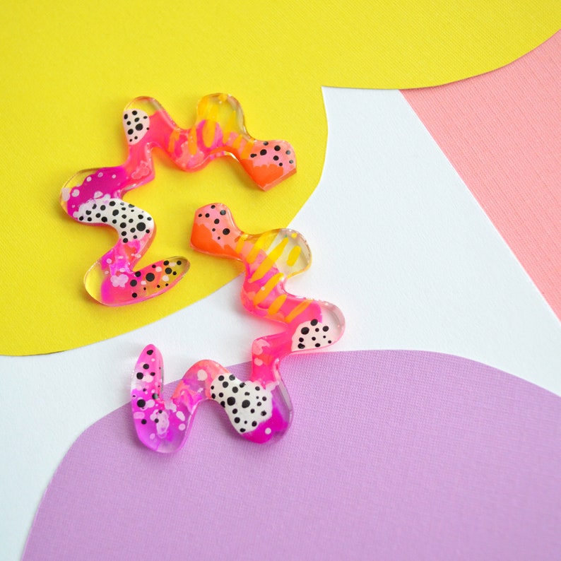 Squiggle Stud Earrings, Abstract Art Earrings, Orange and Pink Wavy Earrings, Resin Doodle Earrings, Funky Resin Jewelry image 8
