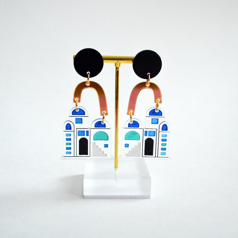 Landscape Earrings Santorini Earrings Travel Earrings House Earrings Architecture Earrings Greek Earrings Laser Cut Earrings