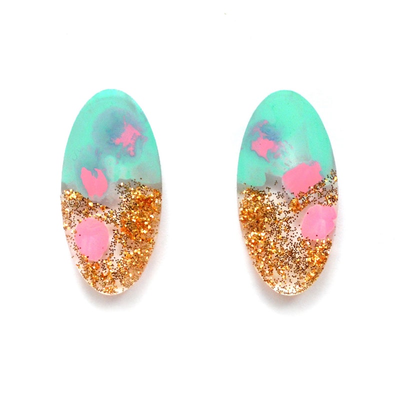 Acrylic Stud Glitter Resin Earrings Oval Stud Earrings Laser Etsy