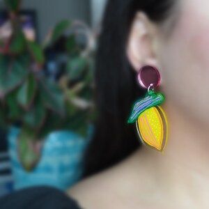 Yellow Lemon Earrings, Abstract Fruit Earrings, Lemon Resin Earrings, Laser Cut Acrylic Earrings image 2