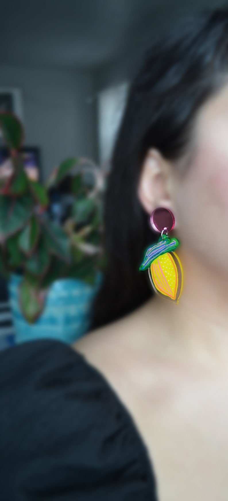 Yellow Lemon Earrings, Abstract Fruit Earrings, Lemon Resin Earrings, Laser Cut Acrylic Earrings image 2