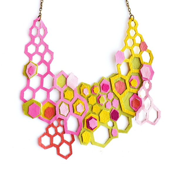 Neon Leather Necklace Molecular Geometric Hexagons