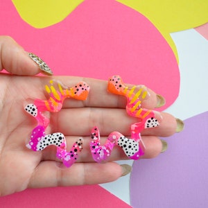 Squiggle Stud Earrings, Abstract Art Earrings, Orange and Pink Wavy Earrings, Resin Doodle Earrings, Funky Resin Jewelry image 6
