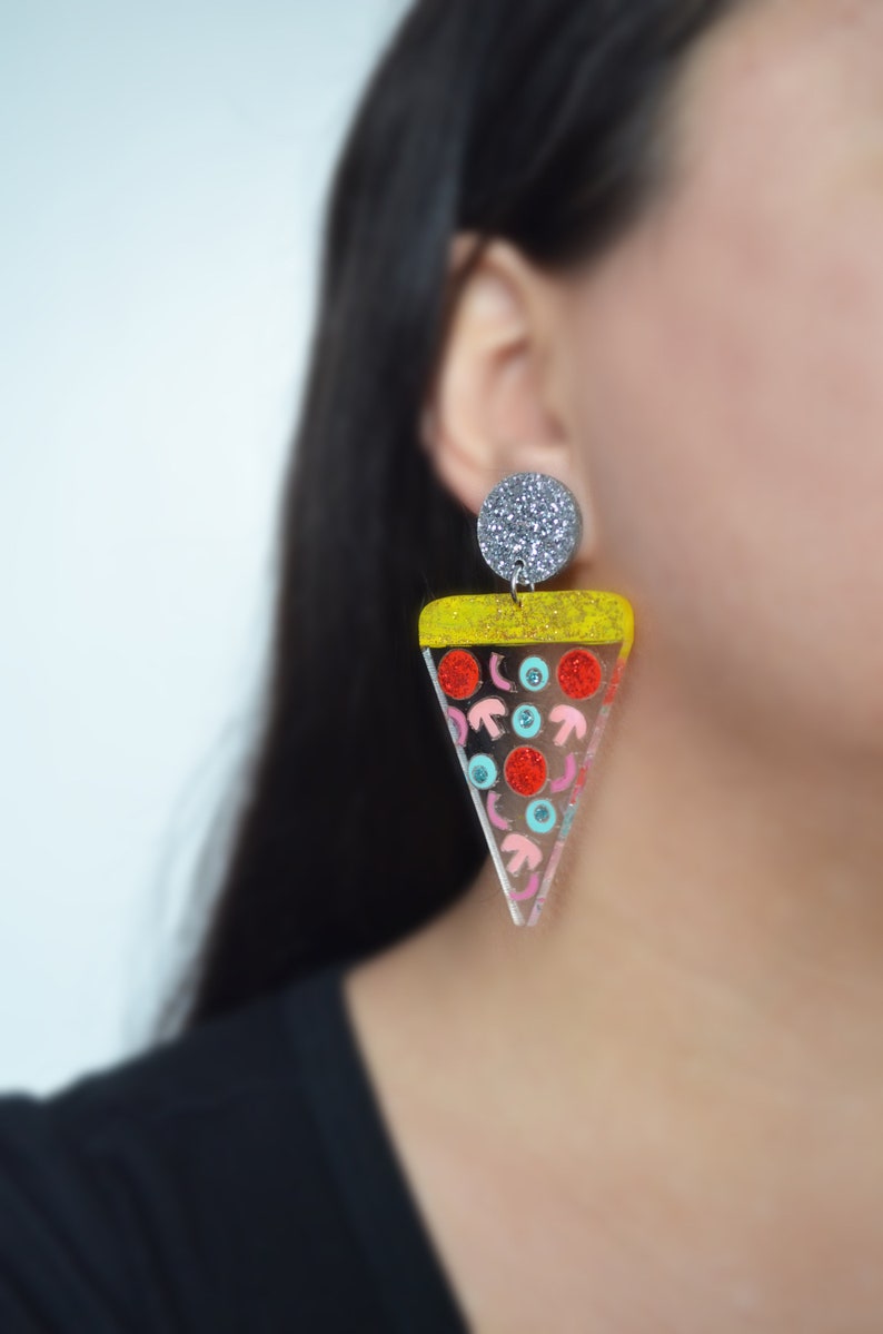 Pizza Earring, Food Earring, Clear Acrylic Earring, Pizza Slice Earring, Pizza Jewelry, Statement Earring, Pizza Slice Earring Resin Earring image 4