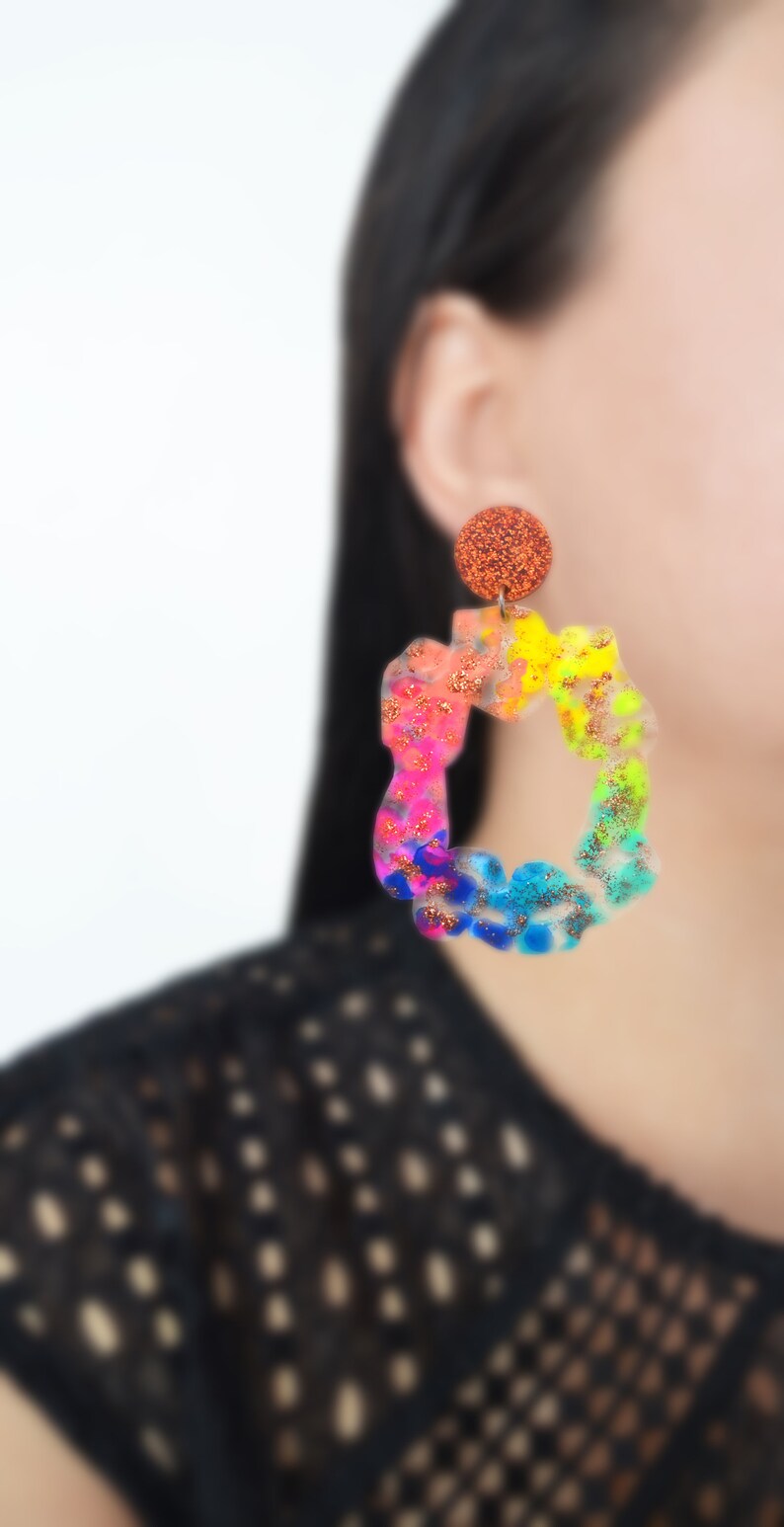 Rainbow Earrings Large Hoop Earring Acrylic Earring Rainbow Etsy