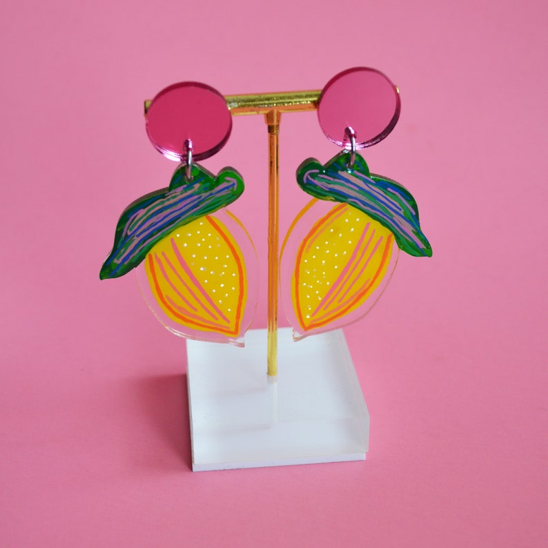 Yellow Lemon Earrings, Abstract Fruit Earrings, Lemon Resin Earrings, Laser Cut Acrylic Earrings image 4