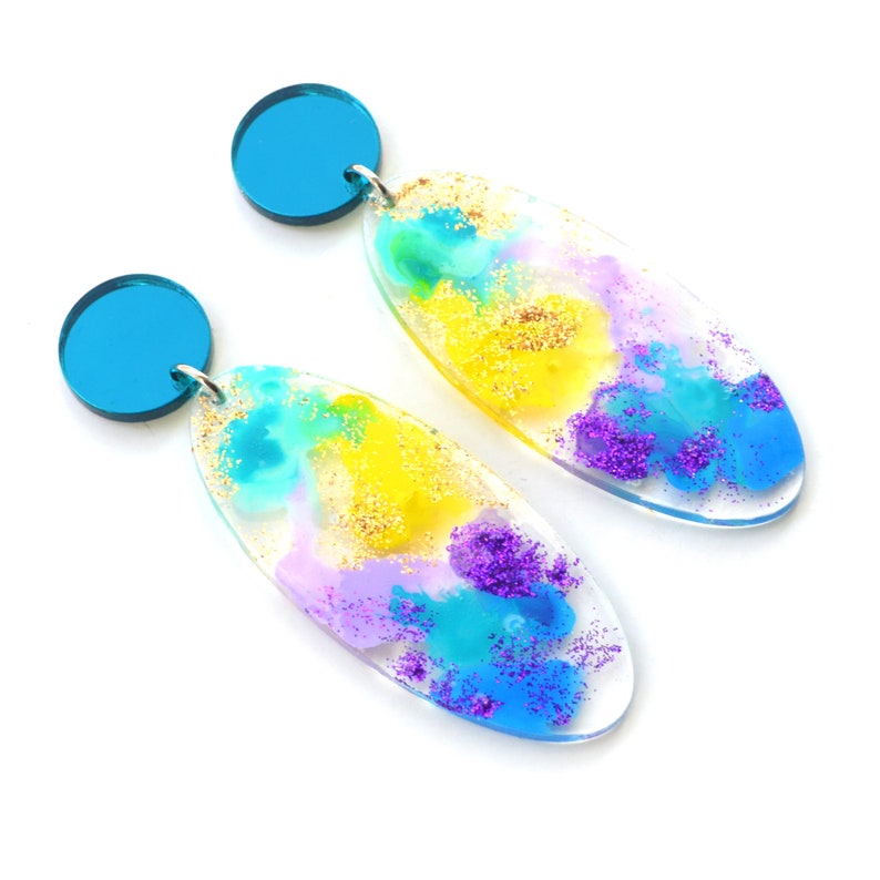 Blue Resin Earring, Pastel Earring, Statement Earring, Abstract Watercolor Earring, Laser Cut Earring, Acrylic Earring, Painted Earring image 2