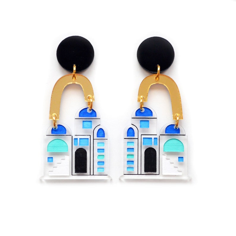 Landscape Earrings Santorini Earrings Travel Earrings House Earrings Architecture Earrings Greek Earrings Laser Cut Earrings