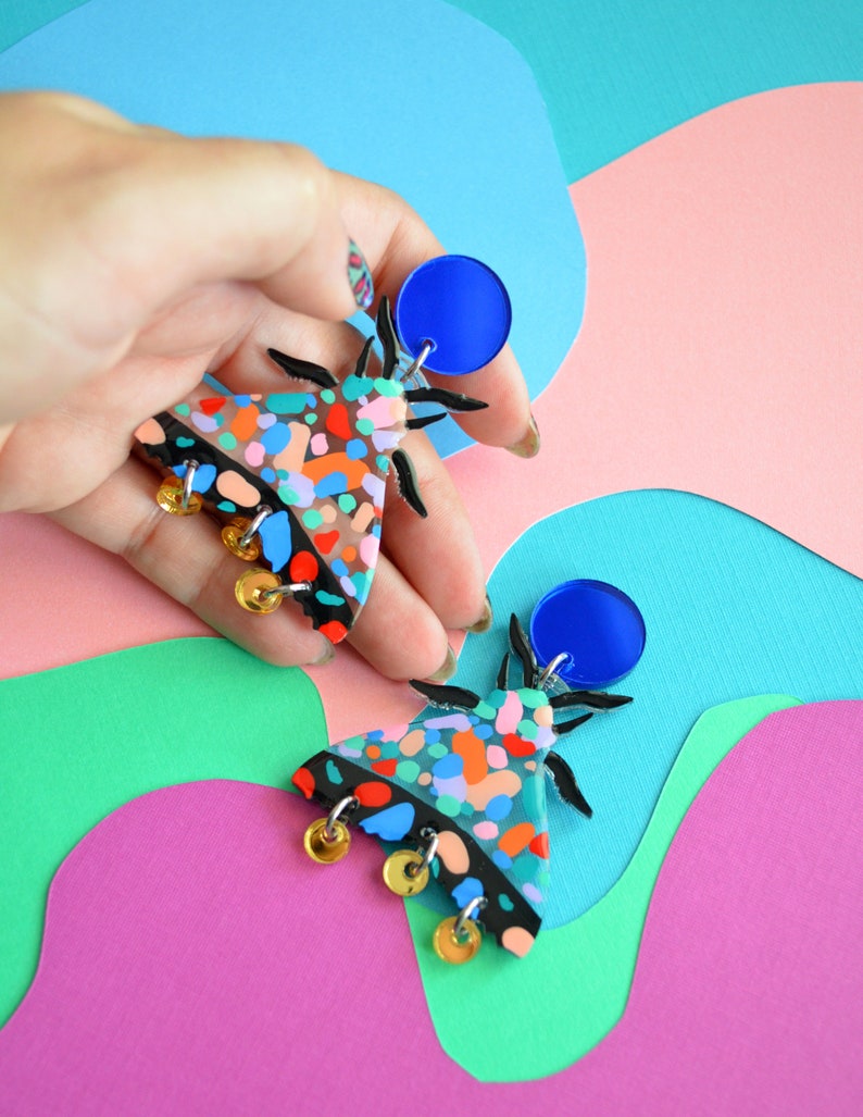 Terrazzo Geometric Moth Earrings, Resin Butterfly Earrings, Colorful Insect Earring, Laser Cut Acrylic Earring, Bug Earrings image 4