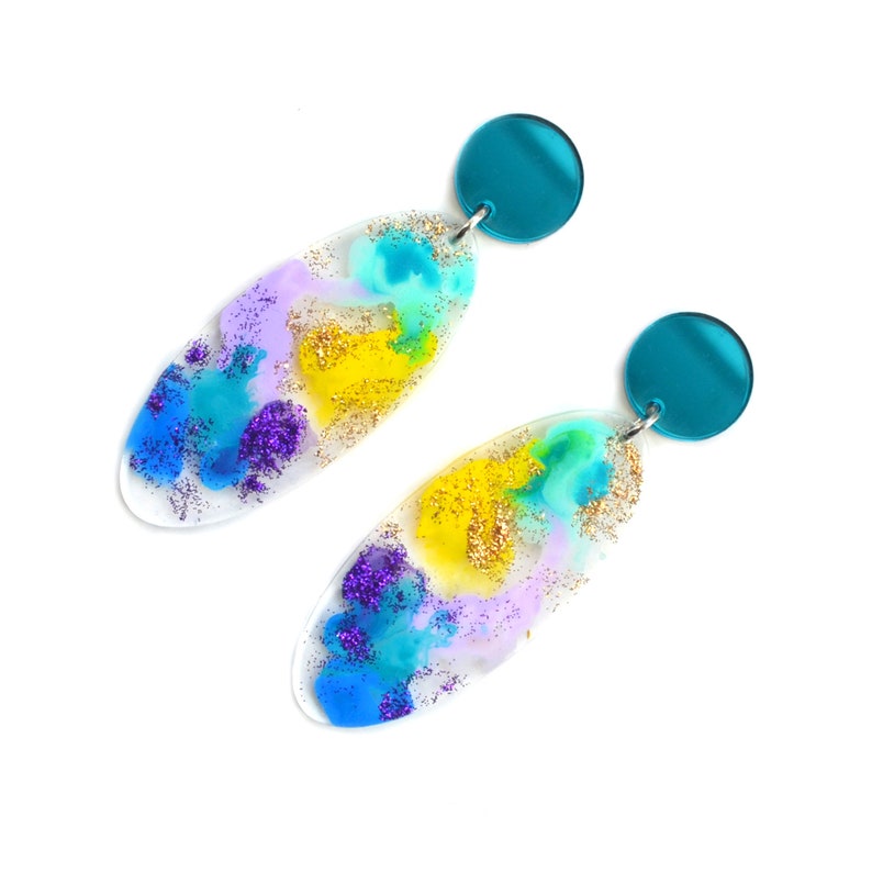 Blue Resin Earring, Pastel Earring, Statement Earring, Abstract Watercolor Earring, Laser Cut Earring, Acrylic Earring, Painted Earring image 4