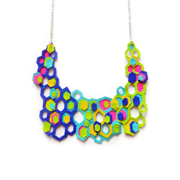 Geometric Necklace, Green Yellow and Blue Necklace, Hexagon Honey Comb Necklace, Colorful Neon Statement Necklace, Modern Jewelry