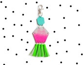 Leather Tassel Key Chain, Hexagon Custom Key Chain, Hot Pink Fringe Purse Clip, Pink Ombre Teal and Neon Green Key Fob, Geometric Key Chain