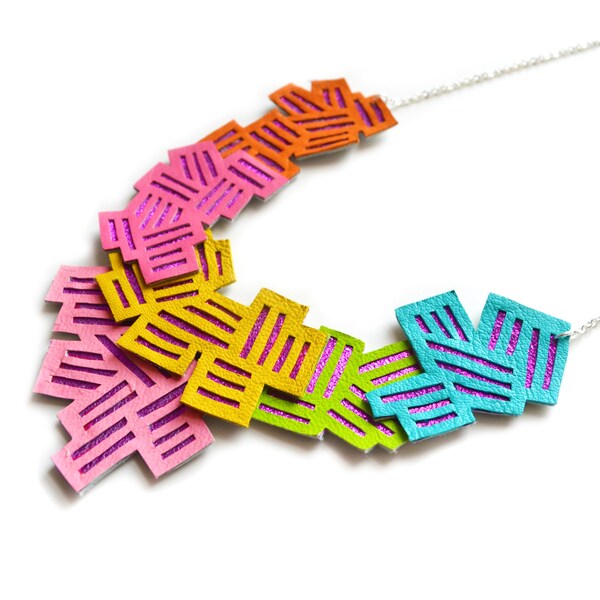 Neon Statement Necklace, Geometric Necklace, Rainbow Chevron Bib Necklace, Zig Zag Stripes Modern Metallic Pink Necklace