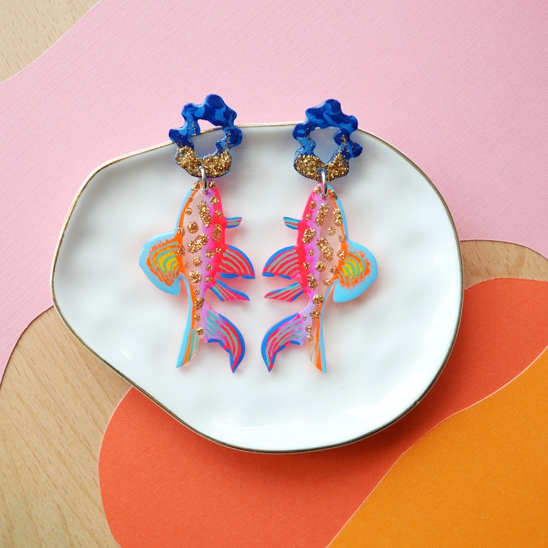 Colorful Neon Glitter Fish Earrings, Koi Earrings, Sea Creature Earrings, Marine Earrings, Sea Life Earrings image 5