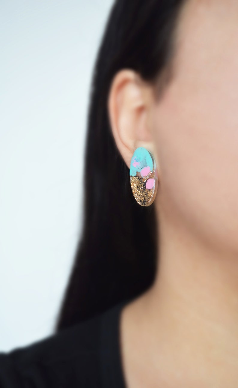 Acrylic Stud Glitter Resin Earrings Oval Stud Earrings Laser Etsy