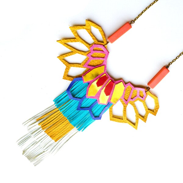 Neon Leather Necklace Geometric Hexagon and Fringe