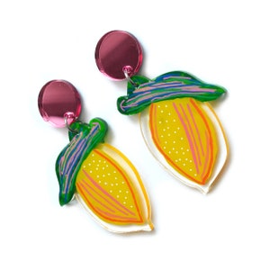 Yellow Lemon Earrings, Abstract Fruit Earrings, Lemon Resin Earrings, Laser Cut Acrylic Earrings image 1