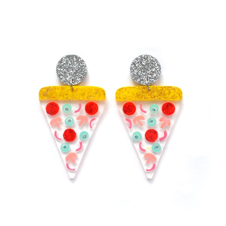 Pizza Earring, Food Earring, Clear Acrylic Earring, Pizza Slice Earring, Pizza Jewelry, Statement Earring, Pizza Slice Earring Resin Earring image 1