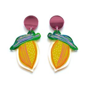 Yellow Lemon Earrings, Abstract Fruit Earrings, Lemon Resin Earrings, Laser Cut Acrylic Earrings image 3