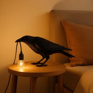 Raven Table Lamp Resin Crow Light | Black White Bird Table Lamp for Bedroom Living Room | Animal Decor Nightstand Lamp | Bird Lover Gift