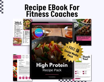Eiwitrijk receptenpakket voor fitnesscoaches: bewerkbare maaltijdgids (digitale download van Canva-sjabloon)