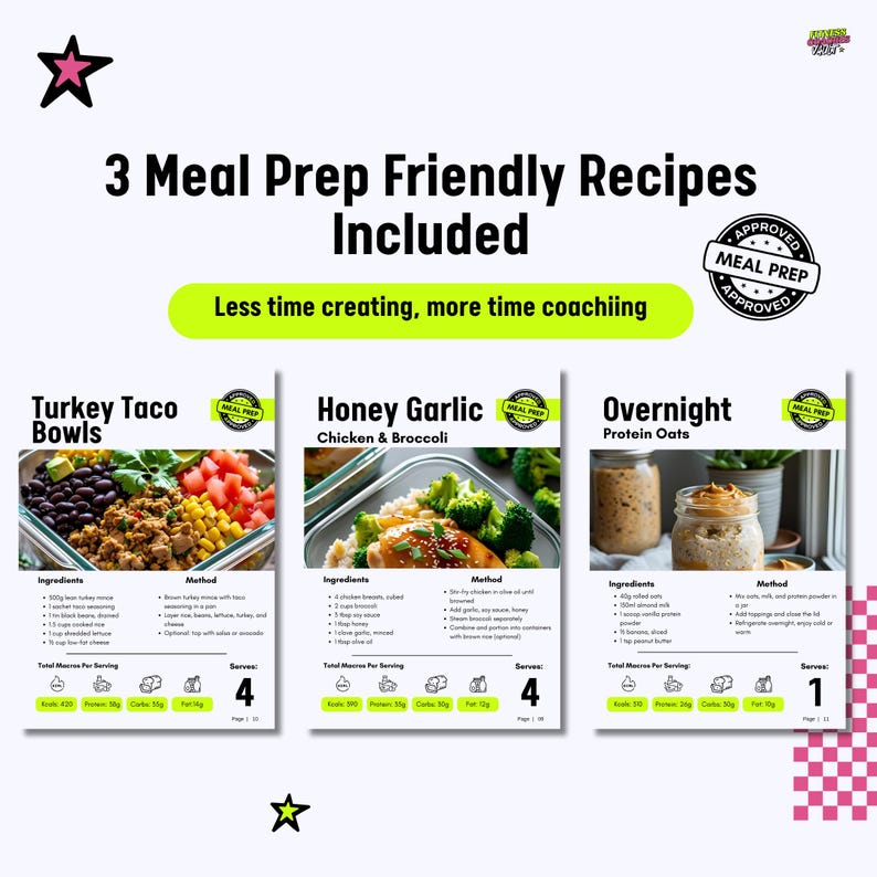 Op de afbeelding: Afbeelding met drie maaltijdbereidingsrecepten: Turkey Taco Bowls, Honey Garlic Chicken & Broccoli en Overnight Protein Oats. De recepten bevatten ingredi&euml;nten, methoden en voedingsinformatie. De tekst luidt "3 Meal Prep Friendly Recipes Included."