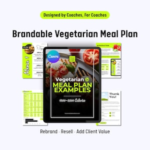 May include: A digital tablet displaying a vegetarian meal plan template with a green and black color scheme. The template includes a title, "Vegetarian Meal Plan Examples", and a calorie range of 1400-2200 calories. The image also includes the text "Your Logo" and "Canva".