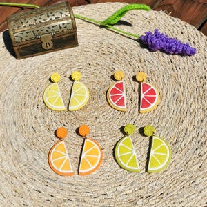 Handmade polymer clay citrus earrings, perfect summer gift. Lemon, orange, lime, grapefruit