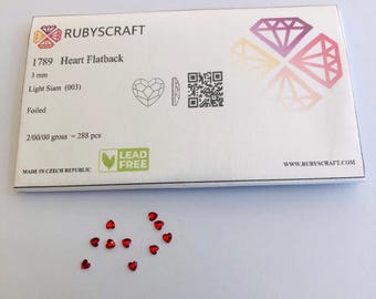 10pcs Rubyscraft® Tooth Gems Czech® Light Siam 3mm Heart  Non hotfix Lead Free Designs foiled Rhinestones Flatbacks ref: 1789  Craft