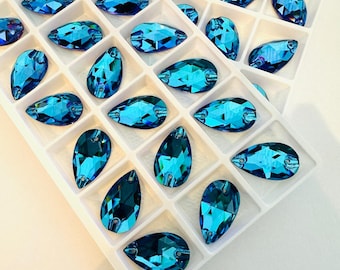 BUY 1 GET 1 FREE 3230 Bermuda Blue Teardrop / Pear Sew on Glass Flatback Rhinestones 13x22mm Premium  Gemstones Tear Drop  Craft