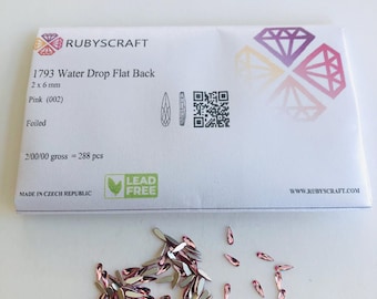 10pcs Rubyscraft® Tooth Gems Czech® Pink  2x6mm Water Drop Non hotfix Lead Free Designs foiled Rhinestones Flatbacks ref: 1793