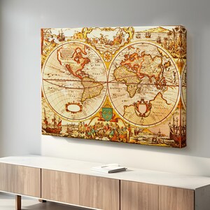 Vintage Retro Weltkarte Gemälde, Leinwand Raumdekor, gerahmte Leinwand Wandkunst, moderne Leinwand Wanddekor, Housewarming Geschenke