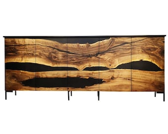 Waterfall Walnut wood Credenza with black resin