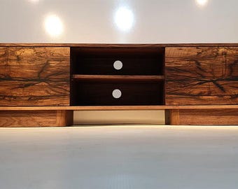 Mueble de TV con puerta corrediza de nogal con resina negra, mueble de TV epoxi