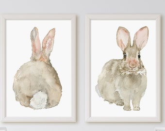 Cottontail Bunny Rabbit Watercolor Paintings - Set of 2 Prints - Front AND Back Unframed