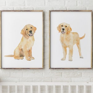 Golden Retriever Puppies - Set of 2 Prints - Nursery Art Unframed