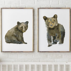Black Bear Cub Watercolor Paintings - Art Prints Set of 2 - Woodland Baby Animals Unframed