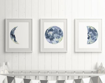 Watercolor Moon Phases Art Print Set of 3 PORTRAIT-Vertical Orientation Unframed