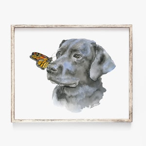 Black Labrador and Monarch Butterfly Watercolor Painting Giclee Print Reproduction UNFRAMED image 1