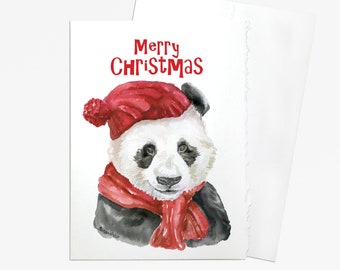 Panda With a Hat Watercolor Christmas Card - 5 x 7 - Watercolor Painting - Holiday Card