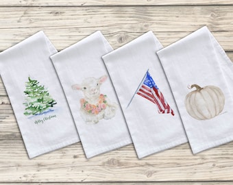 Set of 4 Holiday Flour Sack Tea Towels Watercolor Kitchen Gift