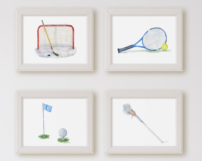 Sports Watercolor Painting Art Print Set - Lacrosse Hockey Golf Tennis Unframed