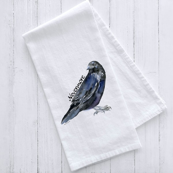 Black Raven Watercolor Flour Sack Tea Towel - Nevermore Halloween Decor