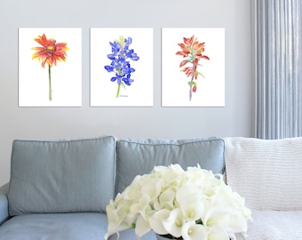 Watercolor Wildflowers Art Print Set of 3 Texas Floral Paintings Unframed