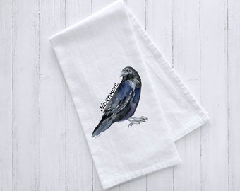 Black Raven Watercolor Flour Sack Tea Towel - Nevermore Halloween Decor